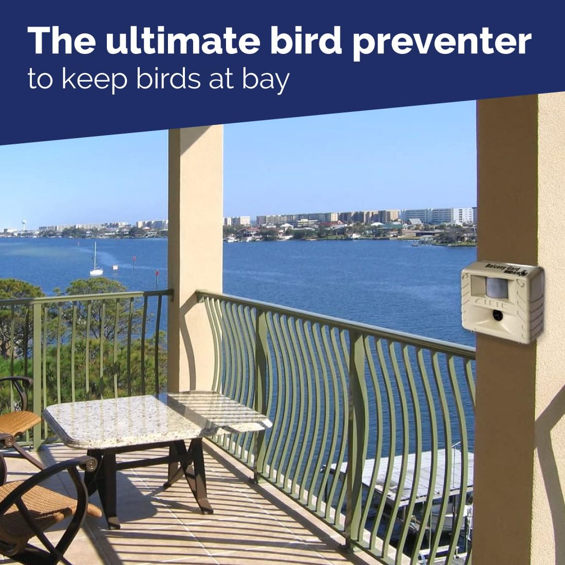 Bird-X Balcony Gard, Ultrasonic Bird Preventer, Outdoor Bird Decoy with Motion-Sensor, Easy to Install, Covers up to 900 sq. ft., 15 to 25 kHz Frequency, 6.75" x 5.5" x 3.5"