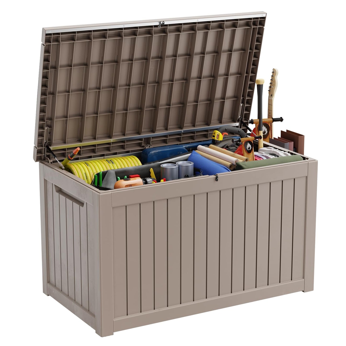PatioZen 280 Gallon Outdoor Deck Box,Waterproof Resin Outdoor Storage Boxes, Outside Storage Lockable Container for Garden Tools,Indooor Cushions,Accessories (Grey)