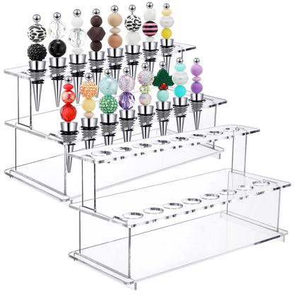 Menkxi 2 Pcs Wine Bottle Stopper Display Stairs 16 Slot Clear Acrylic 2 Tier Riser Wine Stopper Holder Wine Stopper Display Stand Rack for Countertop, 9.45''L x 4.72''H x 3.94''W