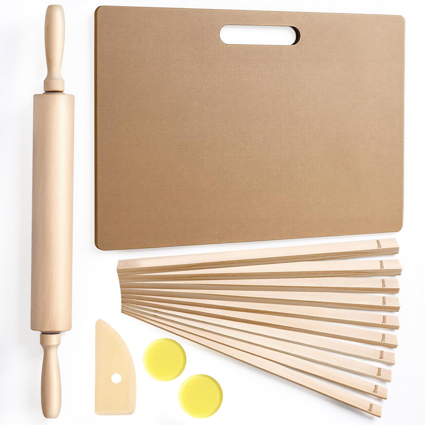 15 Pcs Wooden Pottery Tools Set – Clay Rolling Pin with Thickness Guides, Clay Wedging Board with Handle, Wooden Pottery Rib & Sponges – Ceramic & Polymer Clay Sculpting Kit