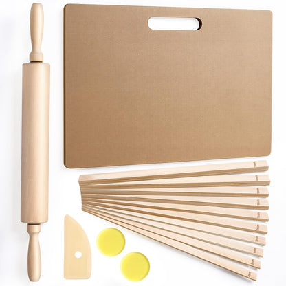 15 Pcs Wooden Pottery Tools Set – Clay Rolling Pin with Thickness Guides, Clay Wedging Board with Handle, Wooden Pottery Rib & Sponges – Ceramic & Polymer Clay Sculpting Kit