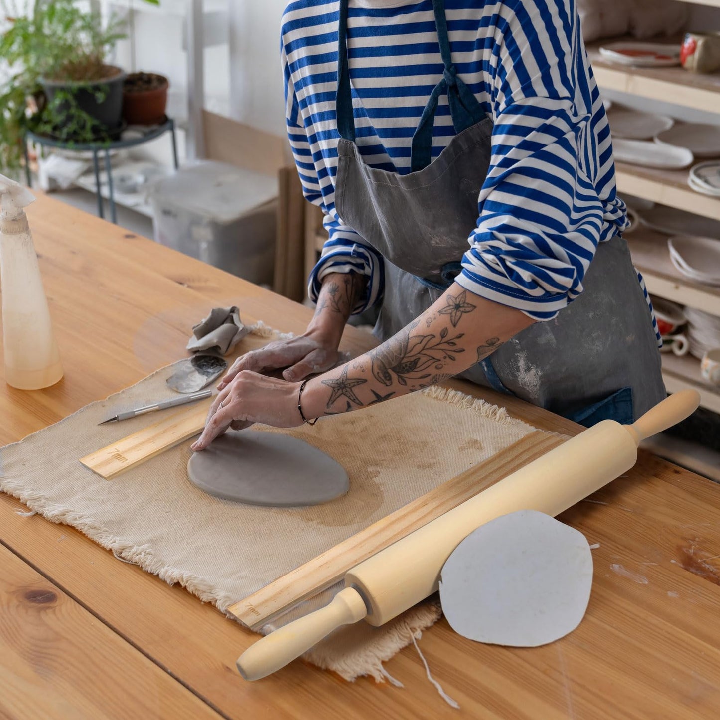 Newtay 12 Pcs Pottery Tools Include 1 Wood Rolling Pin Sculpting Polymer Clay Tools 1 Portable Pottery Wedging Board/Linen Tablecloth and 10 Pcs 5 Size Teaching Rolling Mud Stick Guide (Tablecloth)