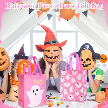Wovnet 30 Pcs Halloween Party Favor Gift Bags Ghost Boo Pink Reusable Non Woven Goodie Treat Bags with Handle Horror Theme for Halloween Party Supplies 10 x 8 x 4in
