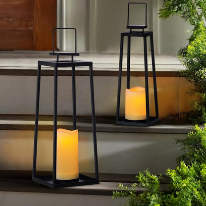Skiennix Solar Lantern Set of 2 - Modern Black Metal Lanterns with Solar Candles | 18’’ & 15’’ for Outdoor Decor