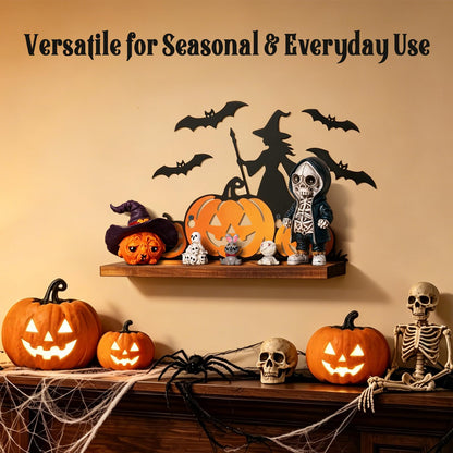 Pracaniz Halloween Pumpkin Shelf Decor, Witch Bat Iron Silhouette Tabletop Shelf Sitter with Rustic Wood Base, Halloween Mantel Decor Indoor, Witchy Gothic Accent for Crystals, 11" × 7.5"