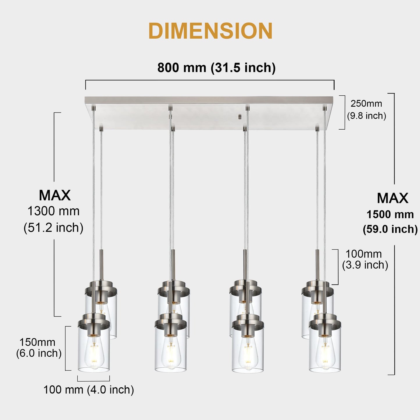 BONLICHT 8 Light Farmhouse Chandelier for Dining Room, Modern Industrial Foyer Linear Pendant Light Traditional Brushed Nickel Kitchen Island Lighting Fixture Hanging Ceiling Lights with Clear Glass