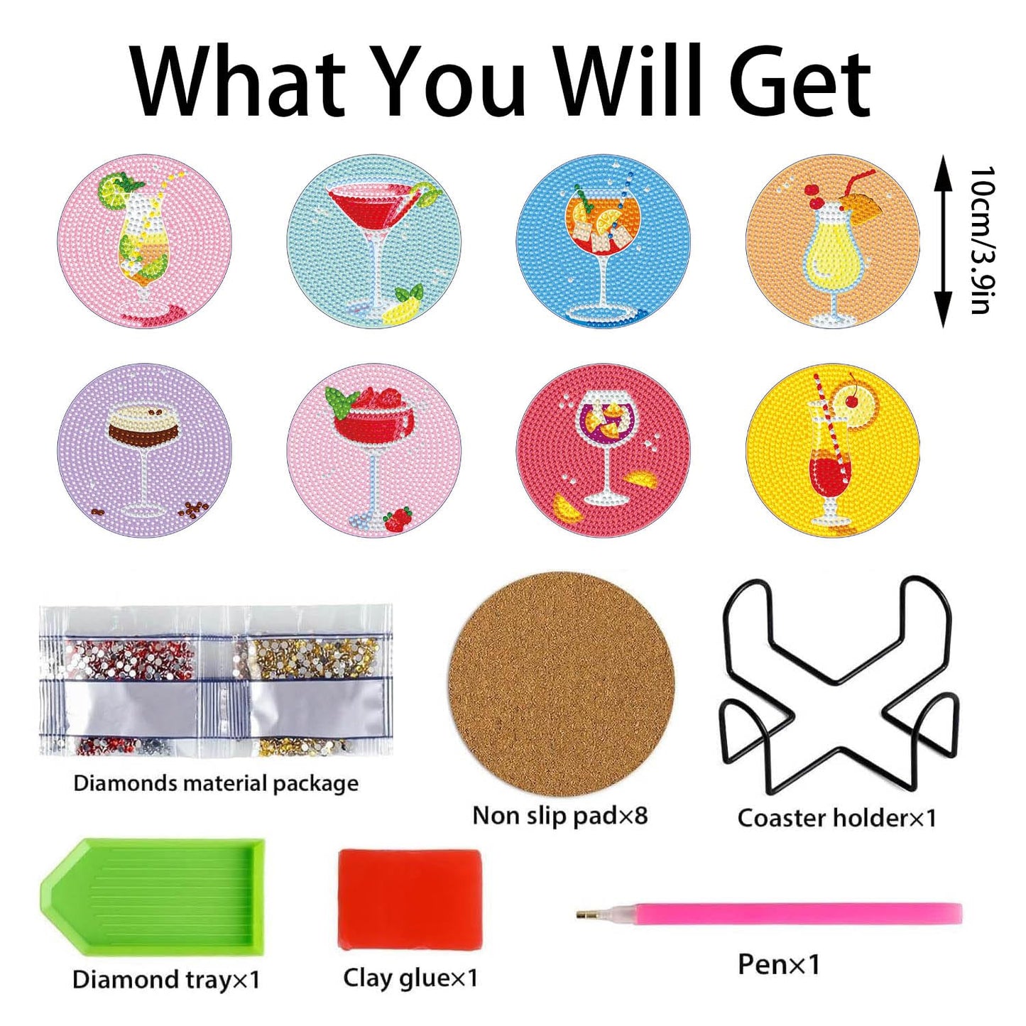 8 PCS Cocktail Diamond Art Coasters Kits, Diamond Painting Coasters with Holder Set of 8, DIY Drink Coasters Art Crafts Supplies for Adults Cup Mat for Home Decor House Warming Gifts Non-Slip 3.9inch