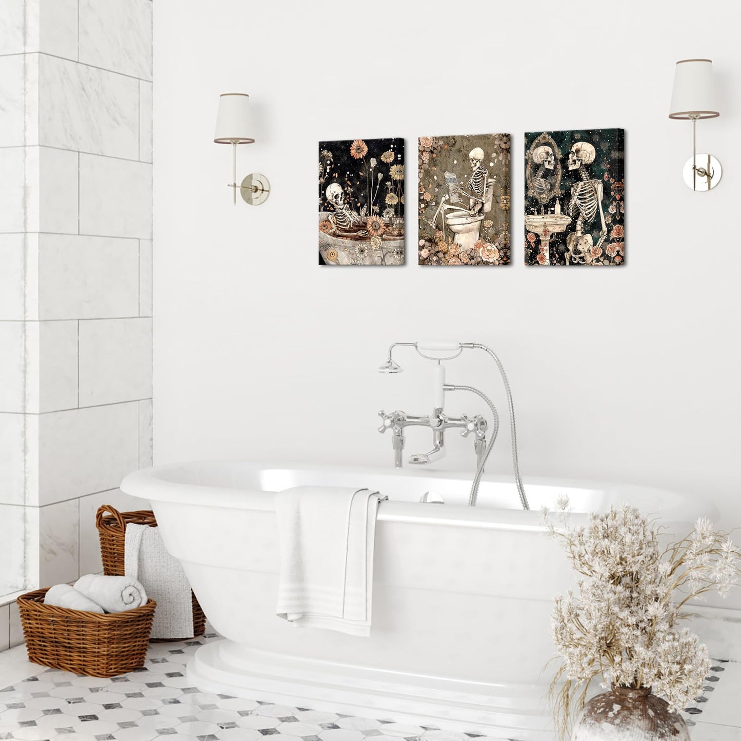 FuShvre Skeleton Bathroom Decor Moody Skeleton Wall Art Pictures for Bathroom Gothic Painting for Home Decoration Framed 12x16 inch each piece (Coral)