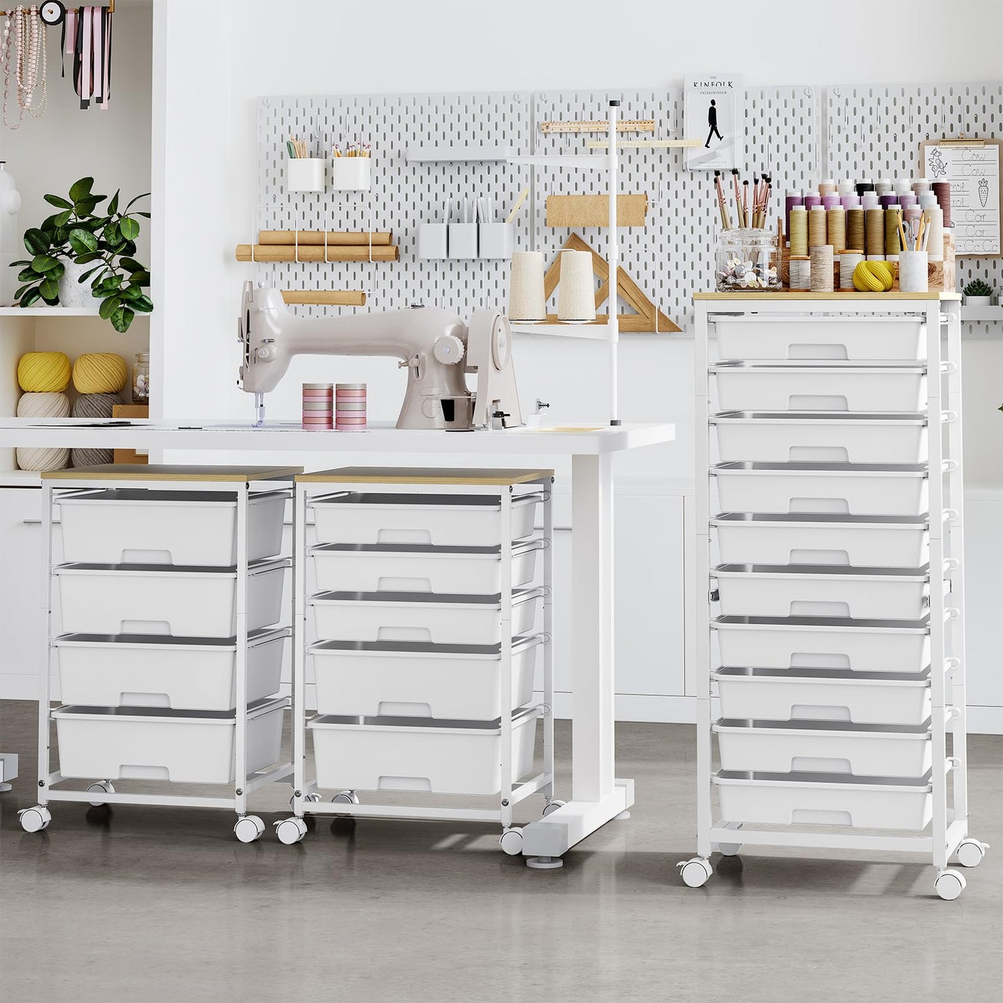 SYKIARIOL Rolling Cart with Drawers,10 Drawer Rolling Cart,Storage Cart with Wheels,Utility Cart with Drawers,Teacher Cart for Classroom Storage,Craft Cart with Wheels and Wooden Tabletop,White