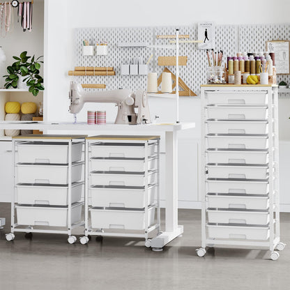 SYKIARIOL Rolling Cart with Drawers,10 Drawer Rolling Cart,Storage Cart with Wheels,Utility Cart with Drawers,Teacher Cart for Classroom Storage,Craft Cart with Wheels and Wooden Tabletop,White