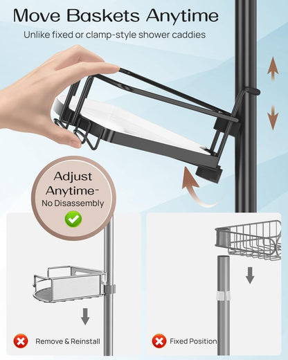 ALLZONE Corner Shower Caddy Tension Pole, 4 Hang-On Basket with Mixed-Height Shelves for Various Bottle Sizes, Extra Hooks & Soap Holder, Rustproof Stainless Steel, Fits 34–116 Inch, Silver