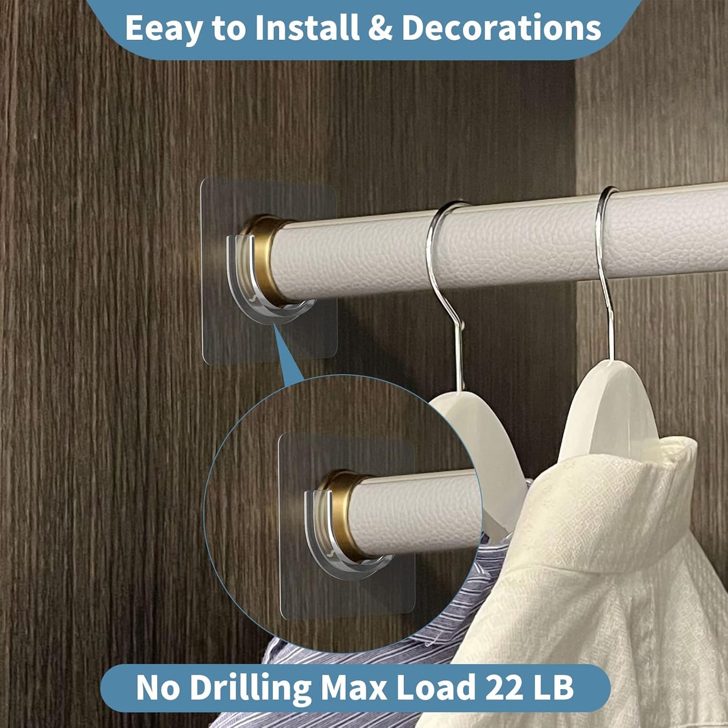 Adhesive Shower Rod Holders, Tension Rod Invisible Holders, No Drilling, Waterproof, Max Load 22 lbs, 4 Pieces