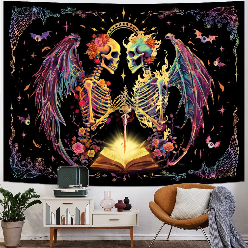 Heopapin Blacklight Trippy Skull Tapestry UV Reactive Gothic Skeleton Wall Hanging Tapestries Fantasy Neon Wing Glow in the Dark Party Poster Magical Galaxy Space Tapestry for Bedroom