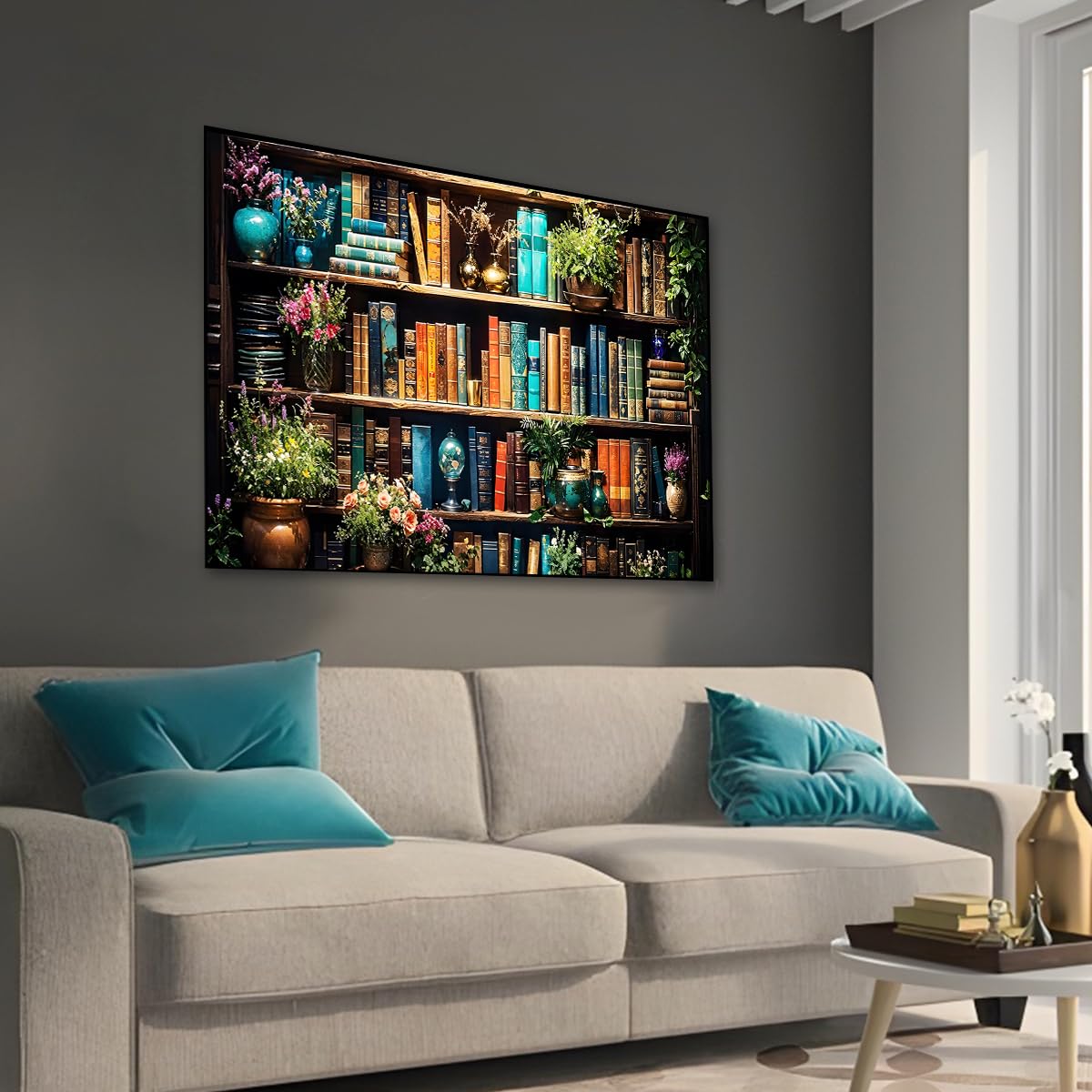 Ohhvvow 5D Bookshelf & Blooms Large Diamond Art Kit for Adults, 27.5x15.7 Inch Cozy Library Diamond Painting with Books & Flowers, DIY Full Drill Gem Craft Kits, Gift for Book Lovers & Beginners