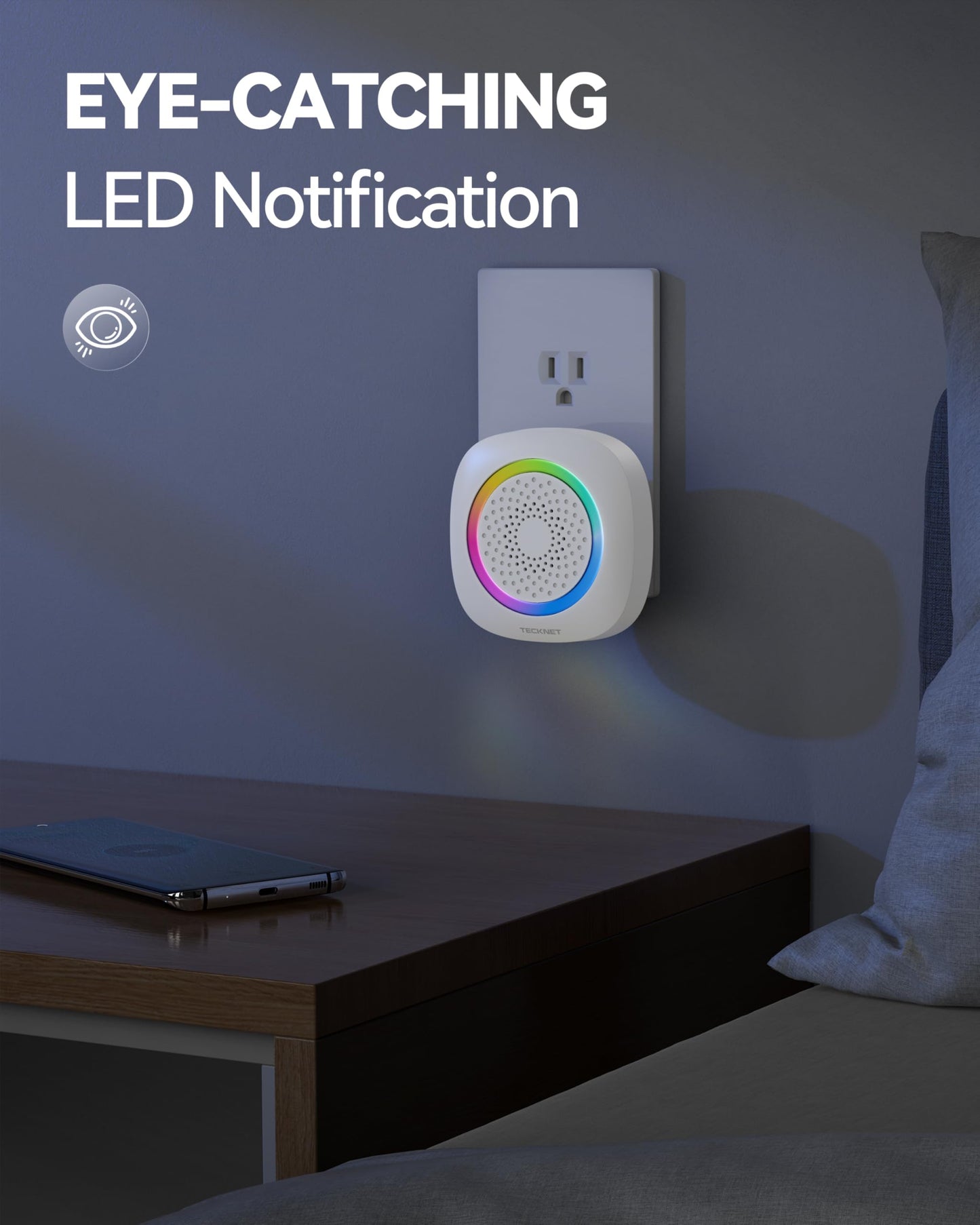 TECKNET Plug-in Wireless Doorbell with RGB Lighting & 1300 Feet Range,IP66 Waterproof Doorbell for Home/Classroom/Office/Business,60 Chimes,5-Level Volume,4.5-Year Battery Life(White)