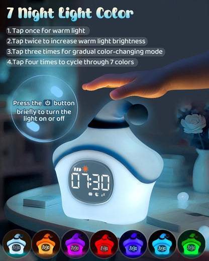 Star Alarm Clock with Night Light for Kids with Sleep Training and Sound Machine, Rechargeable Silicone Lamp OK to Wake