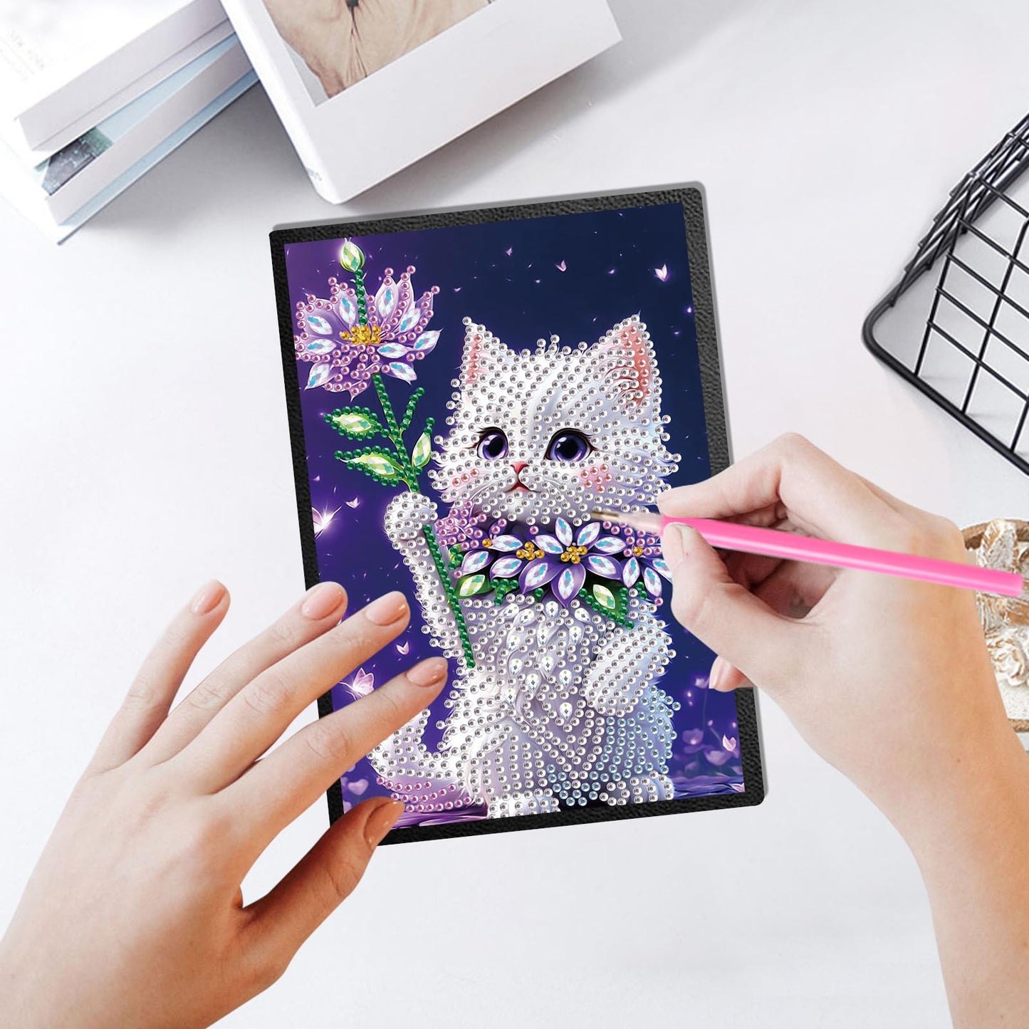 JZHYOAN Diamond Painting Note Book Gem Art Sketchbook Gem Painting Blank Notebook Mosaic Kits for Adults Diary with Cat Special Shaped Journals for Craft Lovers Gift Office Table Decoration
