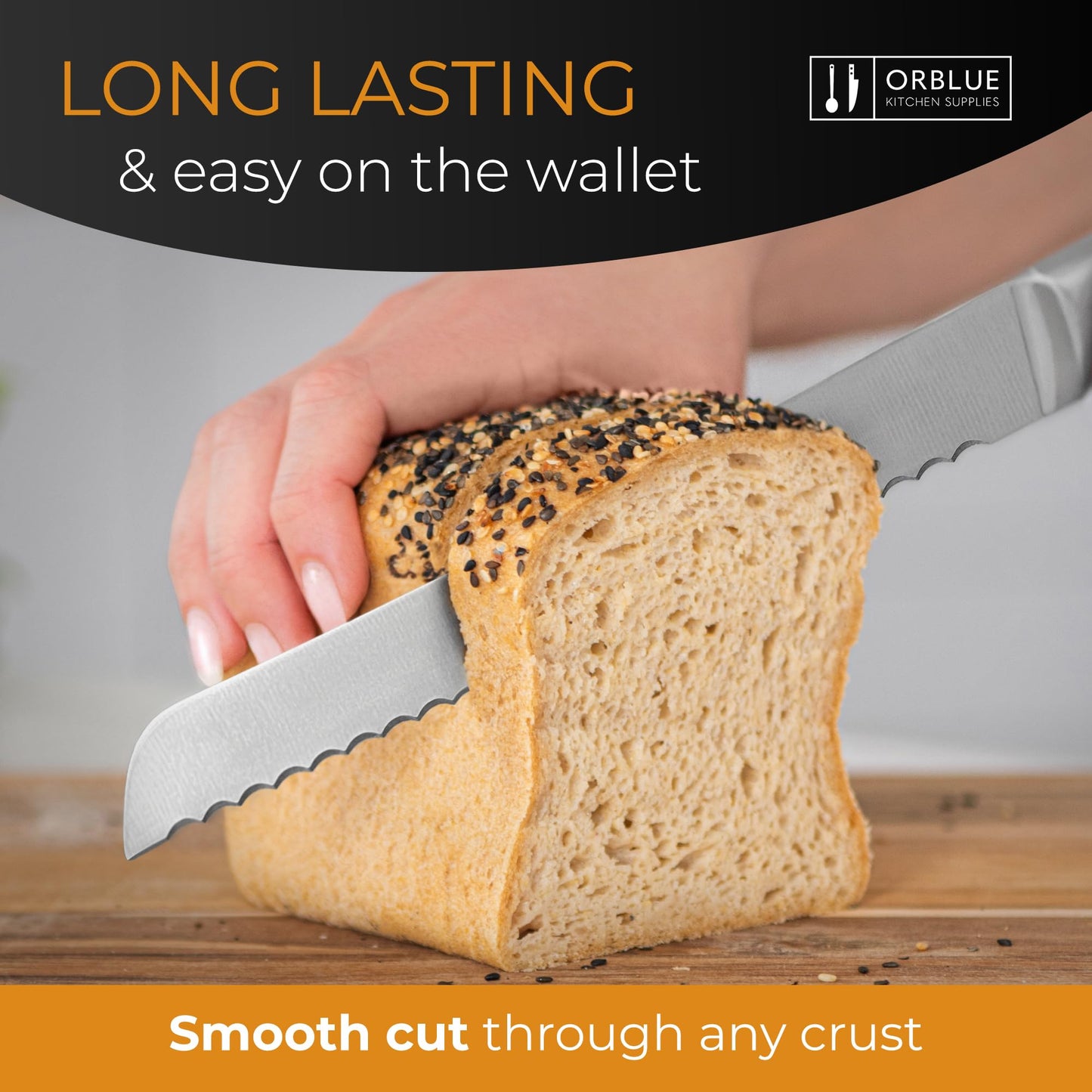 Orblue Serrated Bread Knife with Upgraded Stainless Steel Razor Sharp Wavy Edge - Bread Cutter Ideal for Slicing Homemade Bagels, Cake (8-Inch Blade with 5-Inch Handle)
