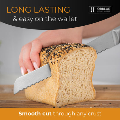 Orblue Serrated Bread Knife with Upgraded Stainless Steel Razor Sharp Wavy Edge - Bread Cutter Ideal for Slicing Homemade Bagels, Cake (8-Inch Blade with 5-Inch Handle)