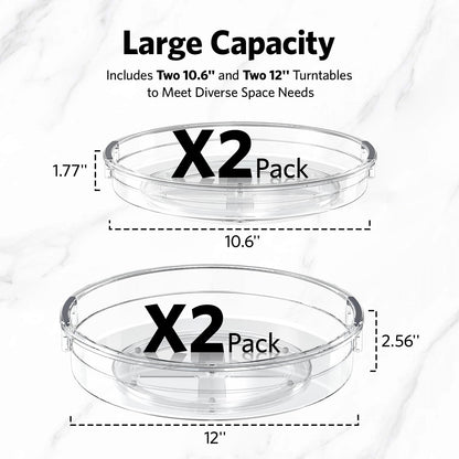 LAMU 4 Pack Lazy Susan Organizer, Clear Lazy Susan Turntable for Cabinet, Refrigerator, Table Top, Kitchen, Bathroom, Pantry Organizers and Storage, 2 Sizes Included 12in, 10.6in