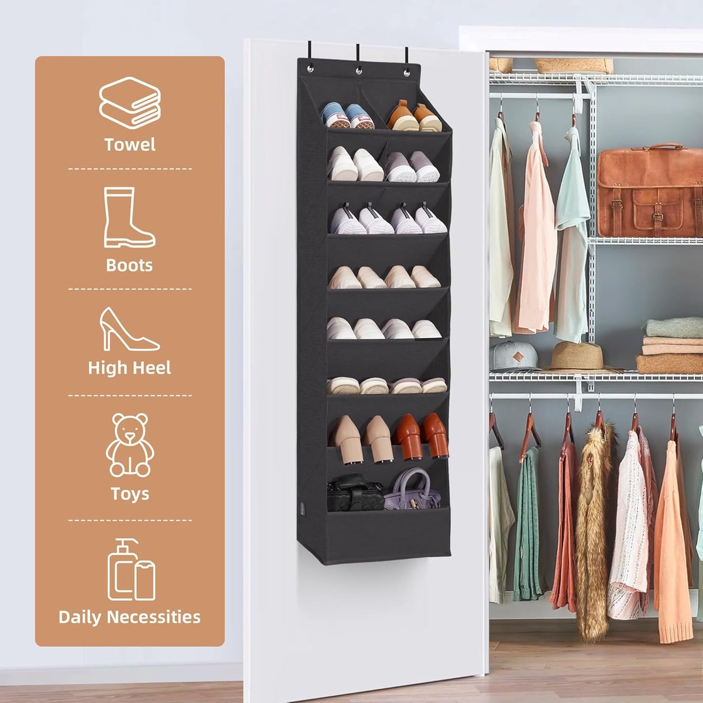Storage Maniac Over The Door Shoe Organizer - Heavy-Duty Hanging Rack with Deep Pockets | Black, 1 Pack