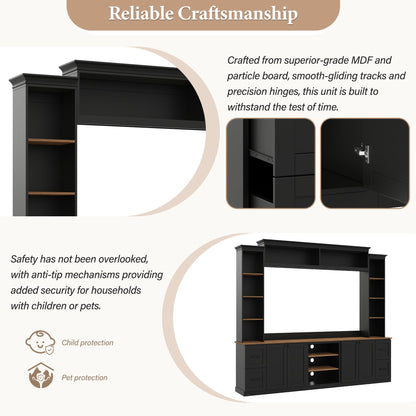 Ball & Cast 94.8" Entertainment Center Wall Unit with Bookshelf for TVs Up to 70",Farmhouse Large TV Stand with Walnut Adjustable Shelves,Retro Media Console with 4 Drawers for Living Room,Black