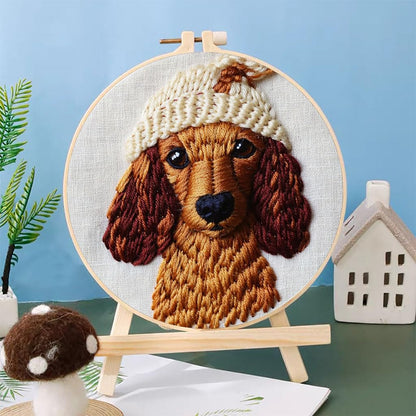 Punch Needle Kits Dachshund Dog Wear Hat Embroidery Starter Set with Hoop Easy for Beginners DIY Stress Relief Handmade Craft Hobby and Home Decor 20x20cm-1