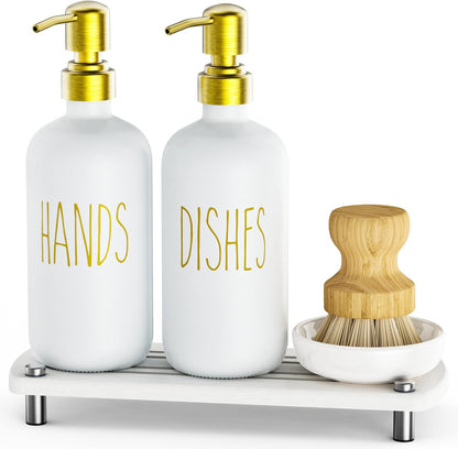 galasily Set Set Gold Soap Dispenser Comes with Stainless Steel Pumps, Instant Dry Tray, and Dish Scrub Brush, Kitchen