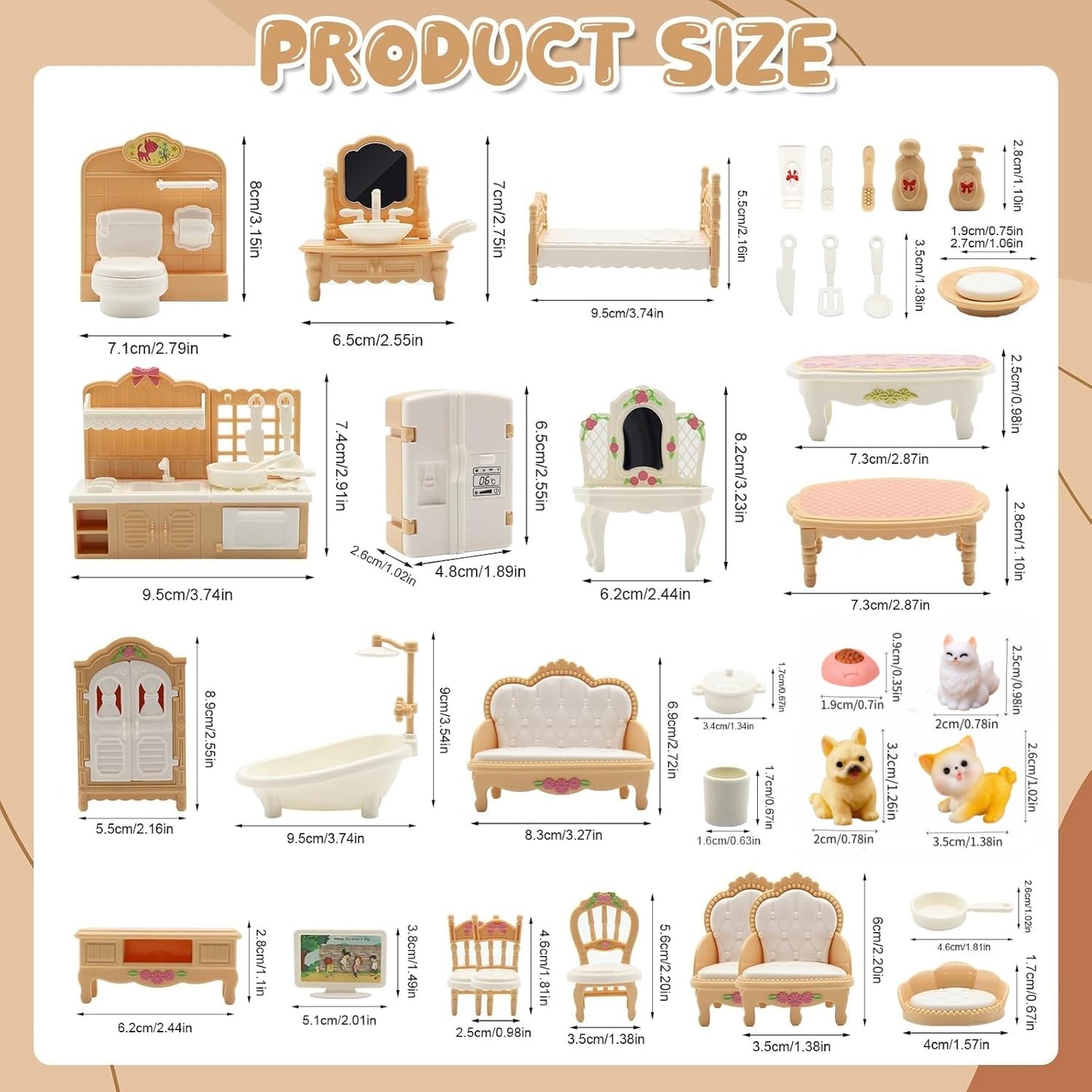 36Pcs Dollhouse Furniture Set,Miniature 1:12 Scale Dolls House Accessories with Cat,Dog,Kitchen, Dining Room, Living Room,Bedroom for Playhouse Toy(Beige)