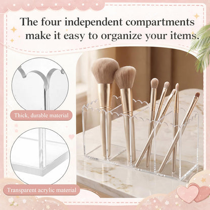 Tosstuki Scalloped Acrylic Pencil Holder for Desk, Clear Pen Organizer with 4 Compartments, Marker Makeup Brush Holder Remote Caddy for Home, Office, Bathroom, Classroom, Table
