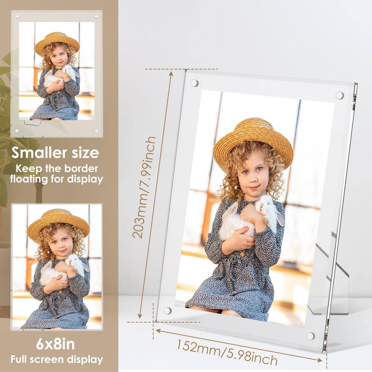 6x8 Inch Acrylic Magnetic Picture Frame,2 PackTransparent Floating Frameless Photo Frame with Easel Stand,Double Sided Tabletop Display Magnetic Acrylic Frame for Home Office Decor Wedding Birthday Gifts