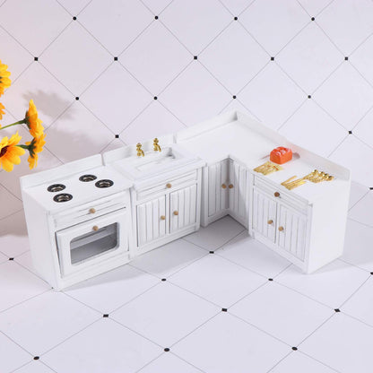 Dollhouse Kitchen Furniture Kit 1:12 Doll House Miniature Suite Wooden Kitchen Cabinet Fridge Set Dining Room for Miniature Dollhouse Furniture Scenes Accessories