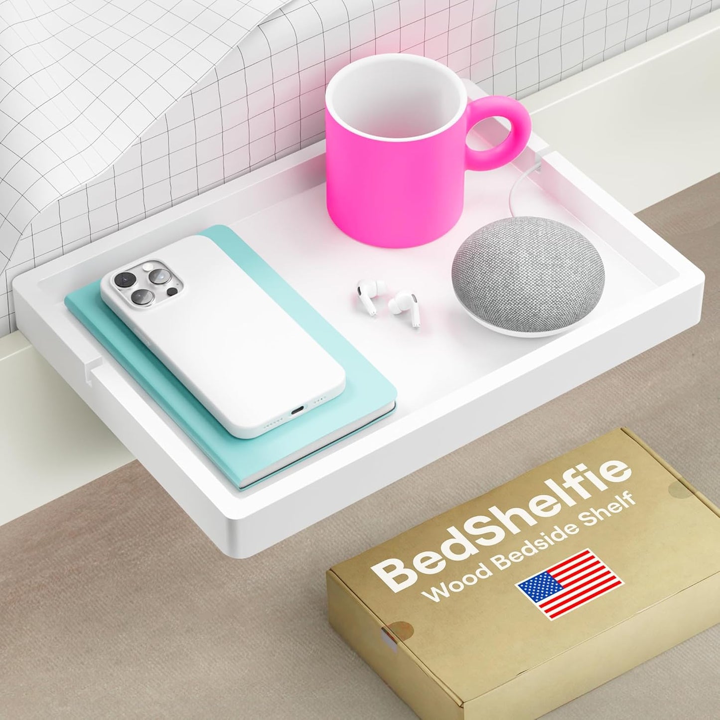 BedShelfie Bedside Shelf for Bunk Bed & Top Bunk, College Dorm Room Essentials, Loft Nightstand, Floating Bed Side