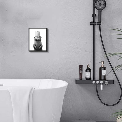 Skiennix Funny Bathroom Wall Art - Cute Otter Holding Toilet Paper | Black & White Canvas Print 8x10 Inch