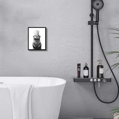 Framed Funny Bathroom Wall Art, Black and White Animal Canvas Wall Decor Painting, Cute Otter Holding Toilet Paper on Head Prints Pictures for Bathroom Restroom 8x10 Inch Black Frame