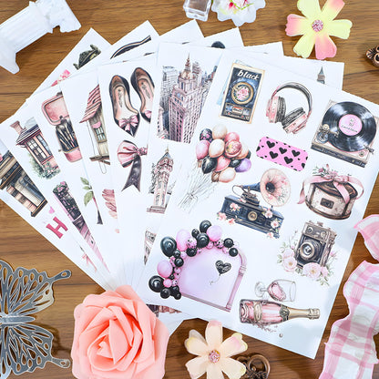 Snycler Black.Pink Theme Sticker Scrapbooking Supplies for Junk Journal, 20 Sheets PET Stickers - Vintage Journaling Stickers, Ephemera Sticker Book Pre Cut, Planner, Junk Journal Supplies