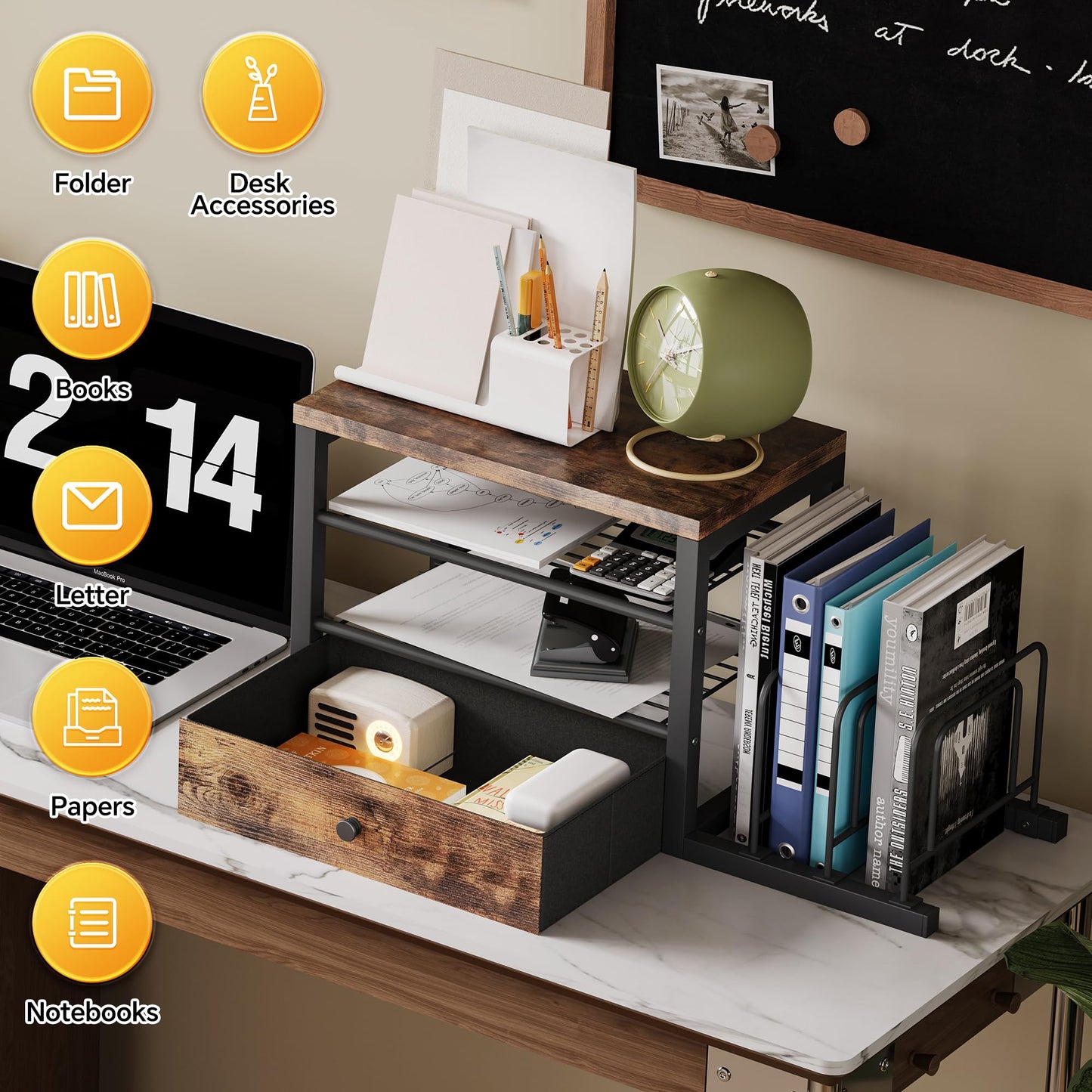 Homeiju Wood Desk Organizer with Drawers, Desk File Organizer with 3 Vertical File Holders, File Shelf,Storage for Mail, Supplies,Classroom Organization