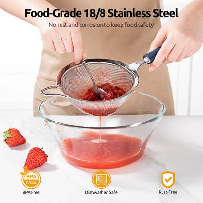 U-Taste Medium Fine Mesh Strainer: 18/8 Stainless Steel 4.73in 30 Mesh Kitchen Food Sieve with Sturdy Riveted Silicone Handle, Heavy Duty Deep Handheld Metal Colander for Rice, Quinoa(Midnight Blue)