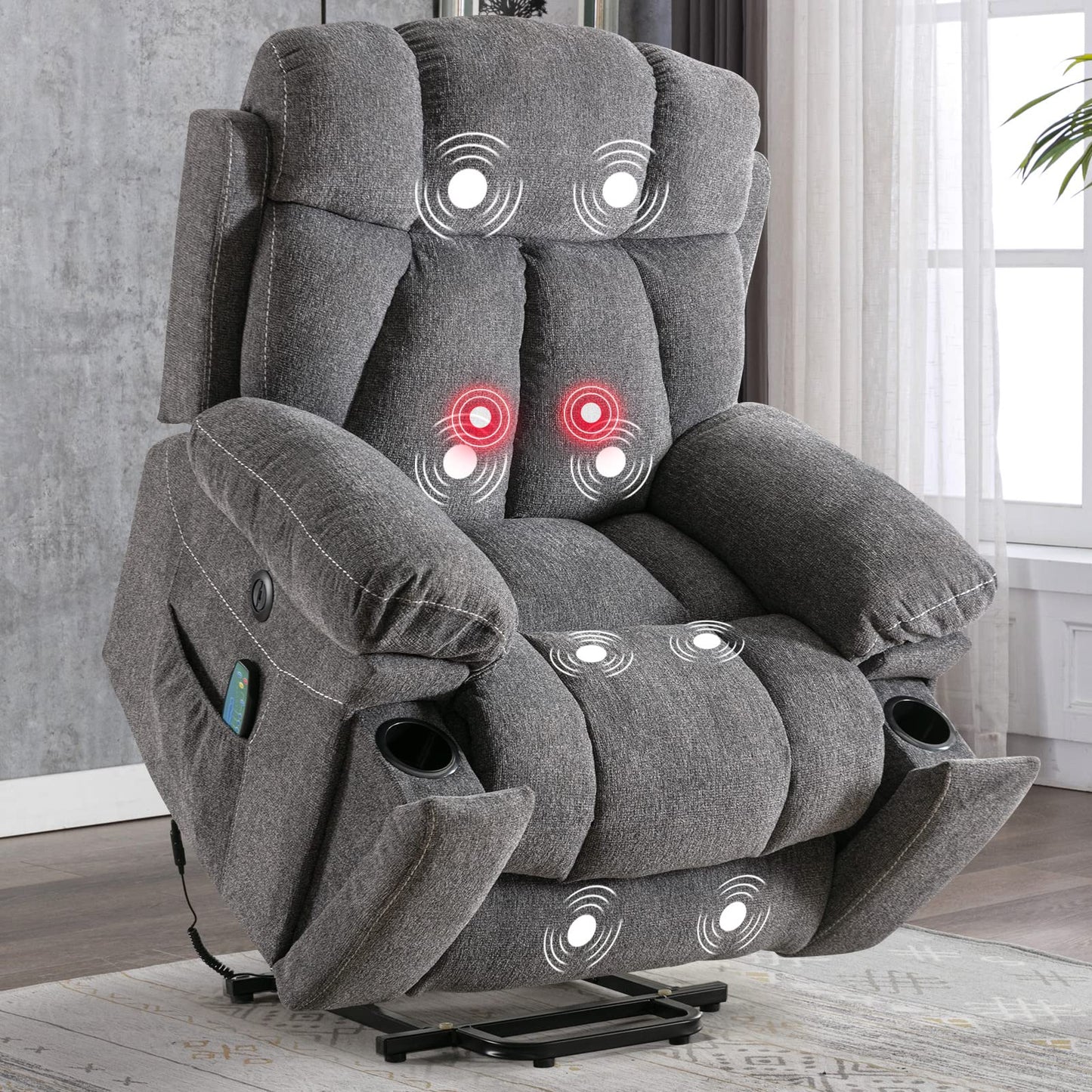 CANMOV Large Power Lift Recliner Chairs with Massage and Heat for Elderly Big People, Heavy Duty Motion Reclining Mechanism-Anti Skid Fabric Recliner Chair with 2 Concealed Cup Holders,Dark Gray