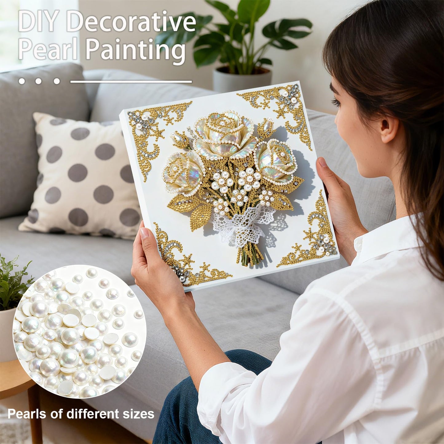 yzARTche Diamond Art Pearl Painting Kit, DIY Pearl Art Painting with White Frame, Handmade Gem Dot Picture Craft for Home Wall Decor Present Set-05-Rose