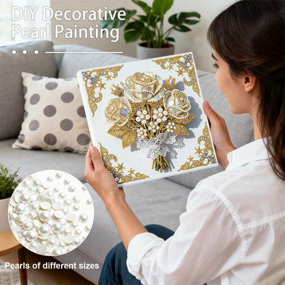 yzARTche Diamond Art Pearl Painting Kit, DIY Pearl Art Painting with White Frame, Handmade Gem Dot Picture Craft for Home Wall Decor Present Set-05-Rose