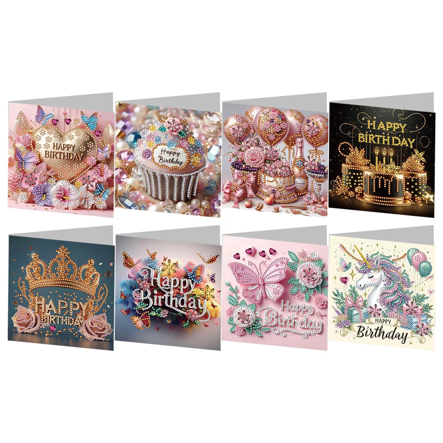JBTM24 8 Pack 5D DIY Diamond Painting Cards Kit, Diamond Art Birthday Holiday Greeting Card, Art Crafts Kit Creative Gift with Envelope, Card Making Kits for Adults, Birthday