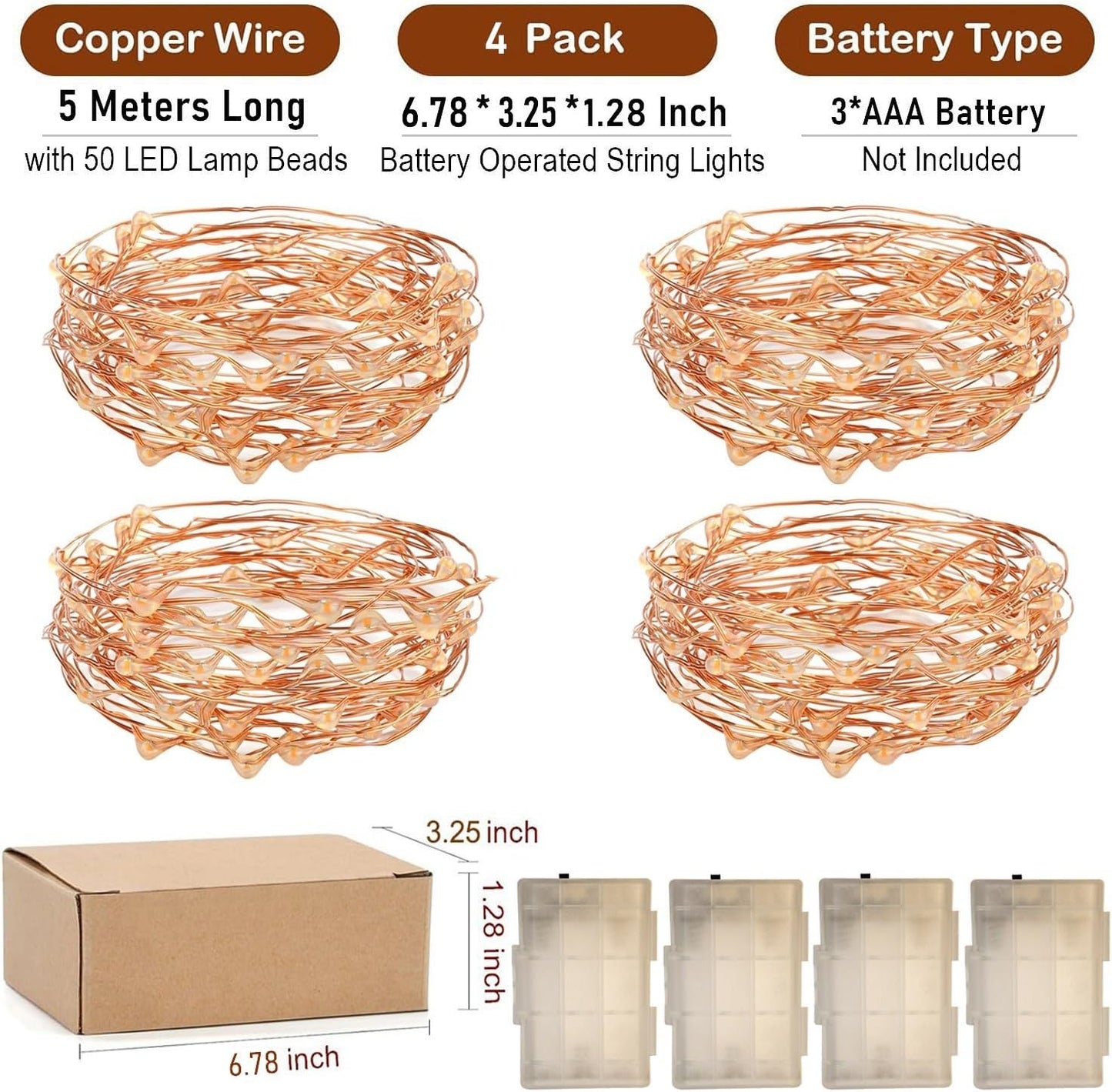16 50 4 Pack RUICHEN Ft Copper Wire LED Mini Fairy String Lights Battery Operated for Bedroom, Halloween, Parties