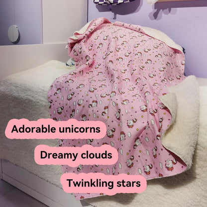Kids Sherpa Throw Blanket – Soft Cotton & Warm Sherpa Toddler Blanket, Pink Unicorn & Clouds Pattern, Plush Winter Bed Throw, 40 x 60 inches