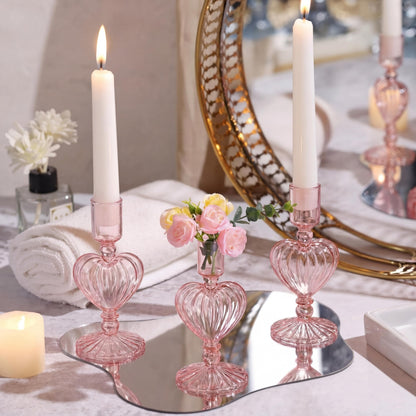 Maxdot 3 Pcs Valentine's Day Pink Glass Candle Holders Pink Heart Glass Taper Candle Holders Heart Candlestick Vase Decor for Valentines Wedding Receptions Festival Party Table Centerpieces Decoration