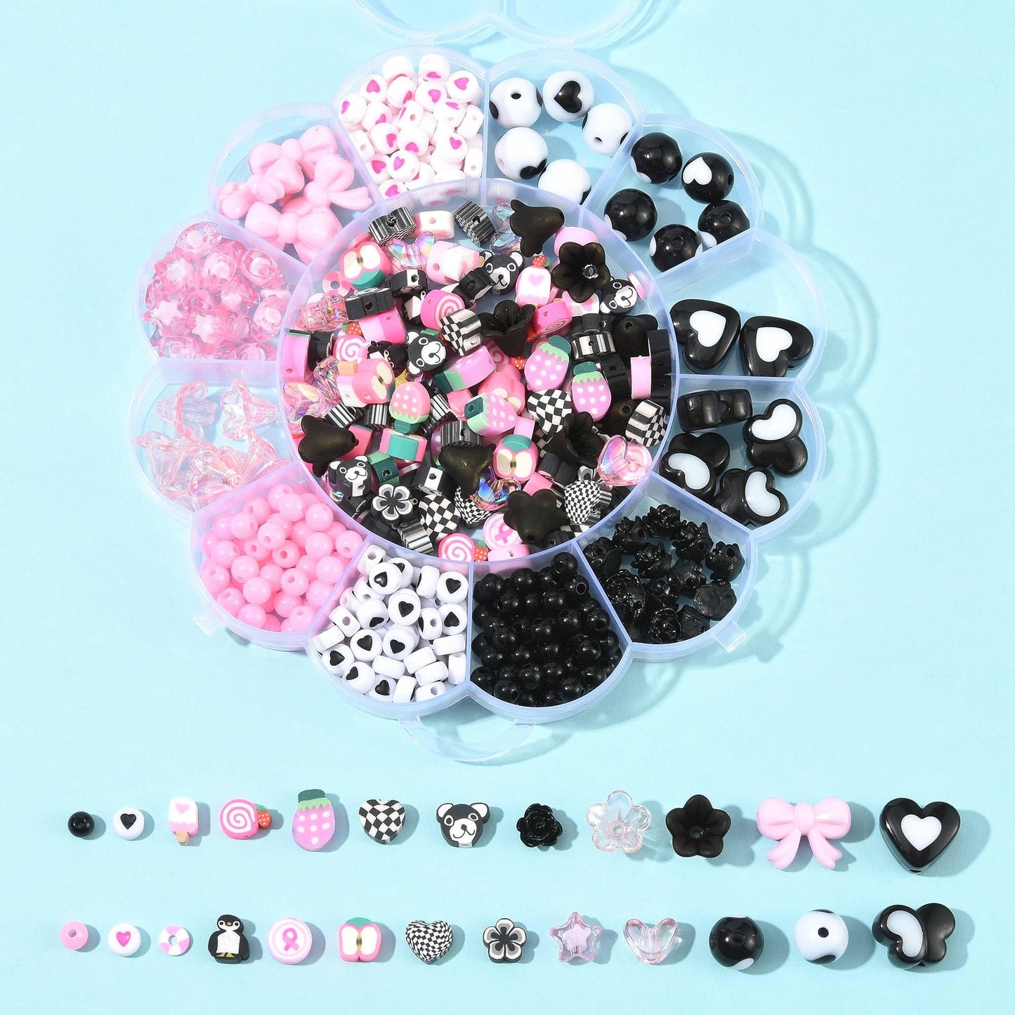 MakemadeDIY 440Pcs Assorted Beads for Bracelets Making, Including Cute Acrylic Polymer Clay Resin Beads Caps for Jewelry Necklaces Earrings Making Crafts Supplies