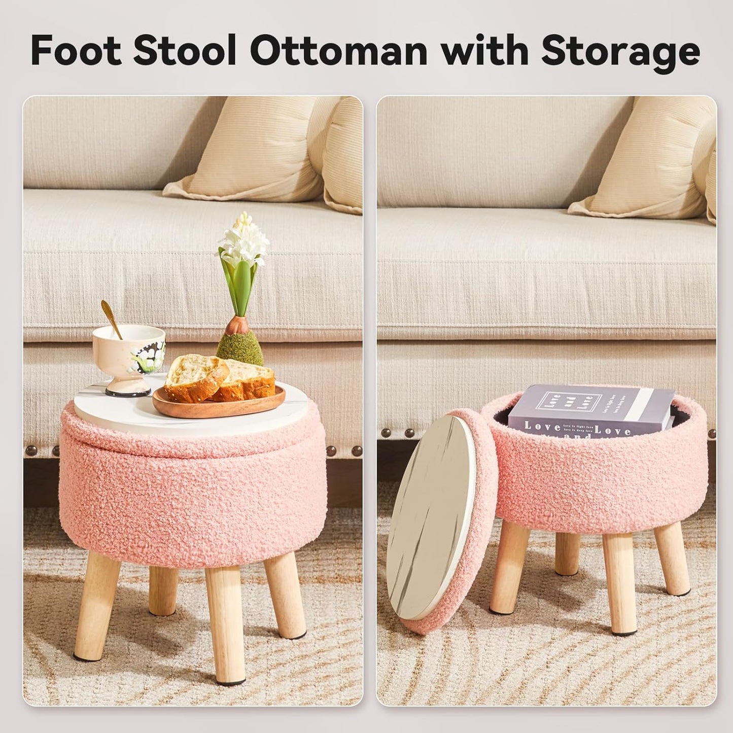 13 Inch WBD006P IBUYKE Foot Stool Ottoman with Storage, Round Small Foot Rest with Padded Seat and Wood Legs, Teddy