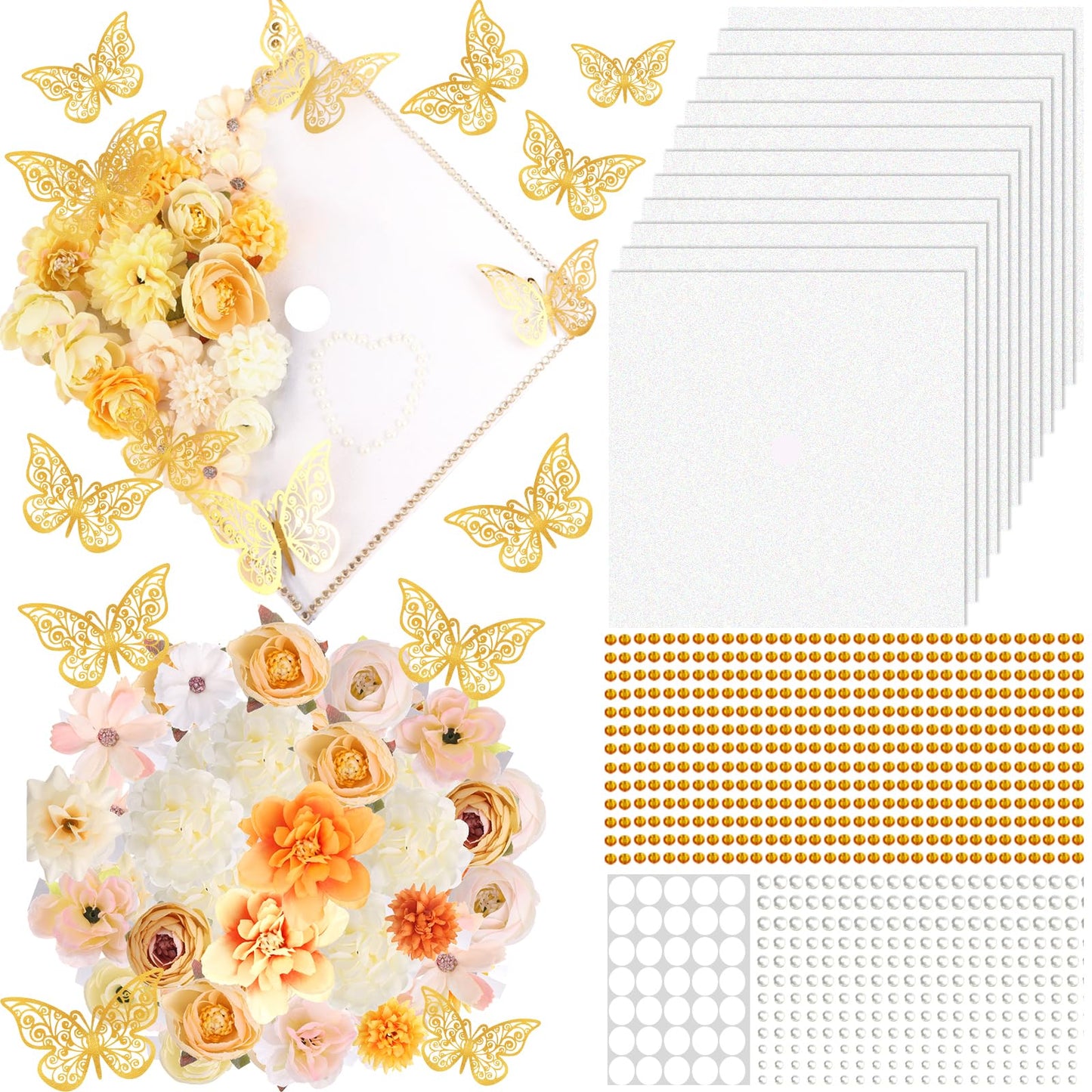 Ywdbzjhs 51 PCS DIY Graduation Grad Cap Decoration Kit - 12 Cream Construction Paper with Artificial Flower Heads 3D Butterfly Pearl Adhesive Dots Rhinestone Stickers for DIY Grad Hat Topper(White)
