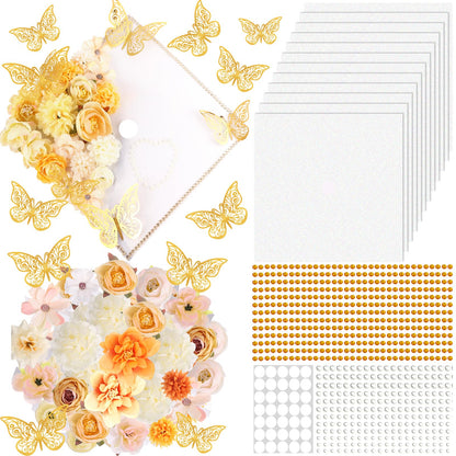 Ywdbzjhs 51 PCS DIY Graduation Grad Cap Decoration Kit - 12 Cream Construction Paper with Artificial Flower Heads 3D Butterfly Pearl Adhesive Dots Rhinestone Stickers for DIY Grad Hat Topper(White)