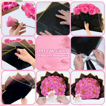 Pink Glitter Roses Bouquet, 24 Pcs Shiny Glitter Flowers Bouquet, Everlasting Artificial Roses Bouquet for Mothers Day, Birthday, Anniversary, Wedding, Engagement, Christmas